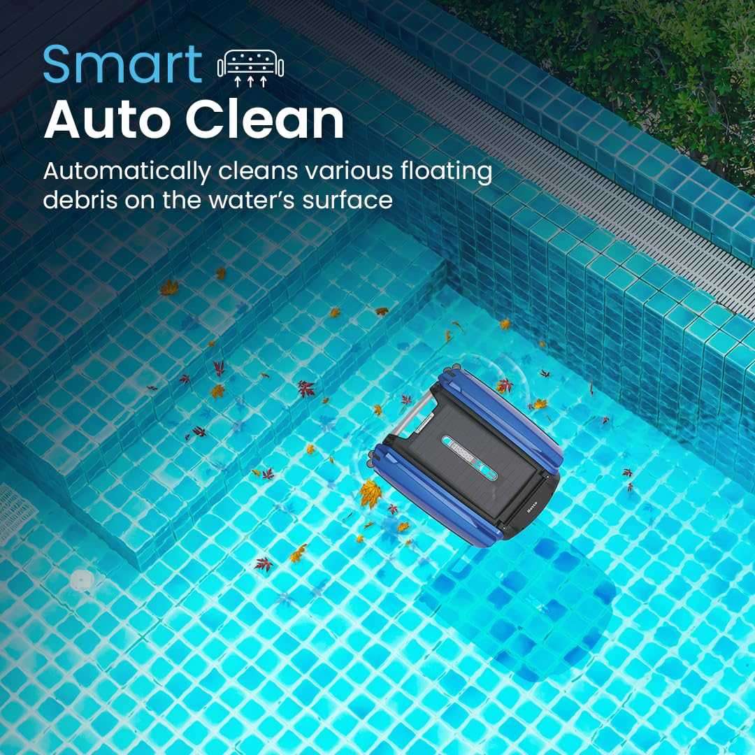 SE Solar Powered Automatic Robotic Pool Surface Skimmer Cleaner with 24/7 Continuous Cleaning Battery Power and Re-Engineered Twin Salt Chlorine Tolerant Motors (Blue)