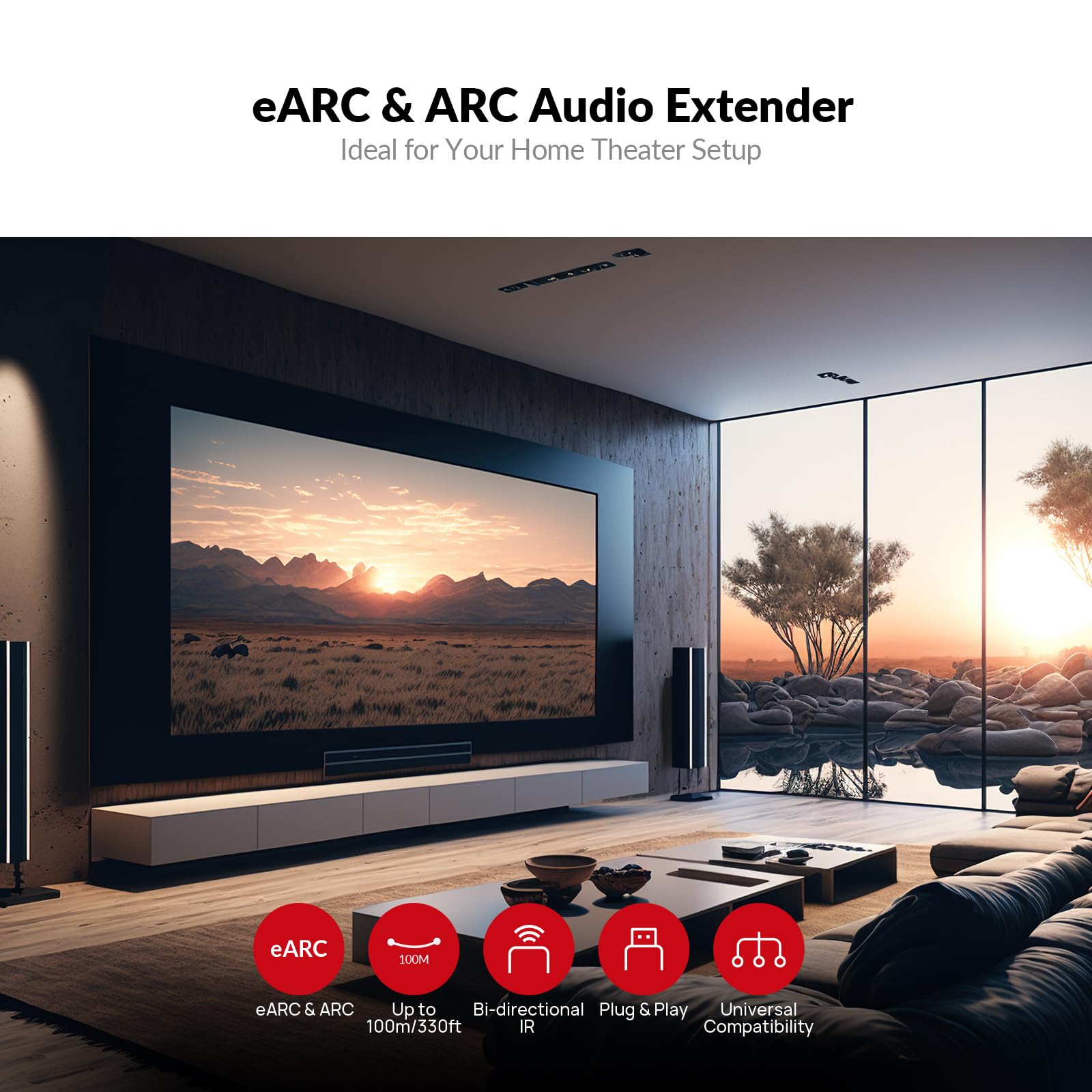 AV Access eARC & ARC Audio Extender Over Cat 5e/6/6a/7 Ethernet Cable Up to 100m/330ft, Audio Extender with 2-Way IR, RS232 & CEC, Ideal for Home Theater(eARC100)