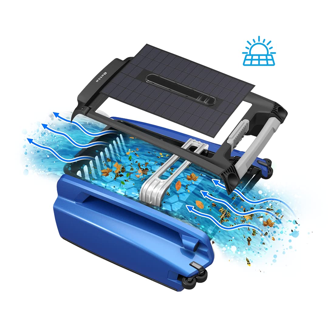 SE Solar Powered Automatic Robotic Pool Surface Skimmer Cleaner with 24/7 Continuous Cleaning Battery Power and Re-Engineered Twin Salt Chlorine Tolerant Motors (Blue)