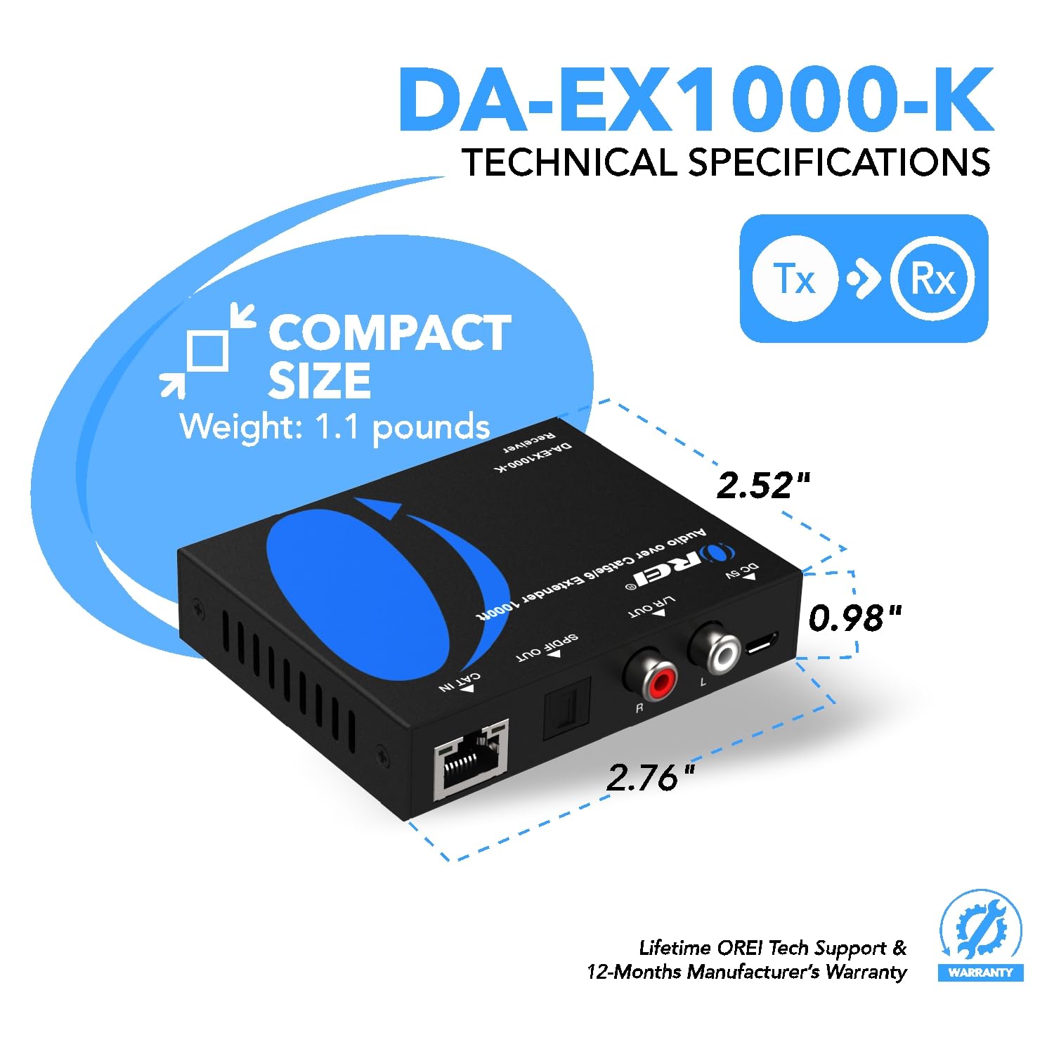 OREI Audio Over Cat5e/6 Extender Upto 900 Feet - Extend Digital Optical Coxial Toslink Signal Over LAN Ethernet Power Over Cable for Long Distance Extension Dolby Digital, DTS 4.1, DTS-HD, PCM