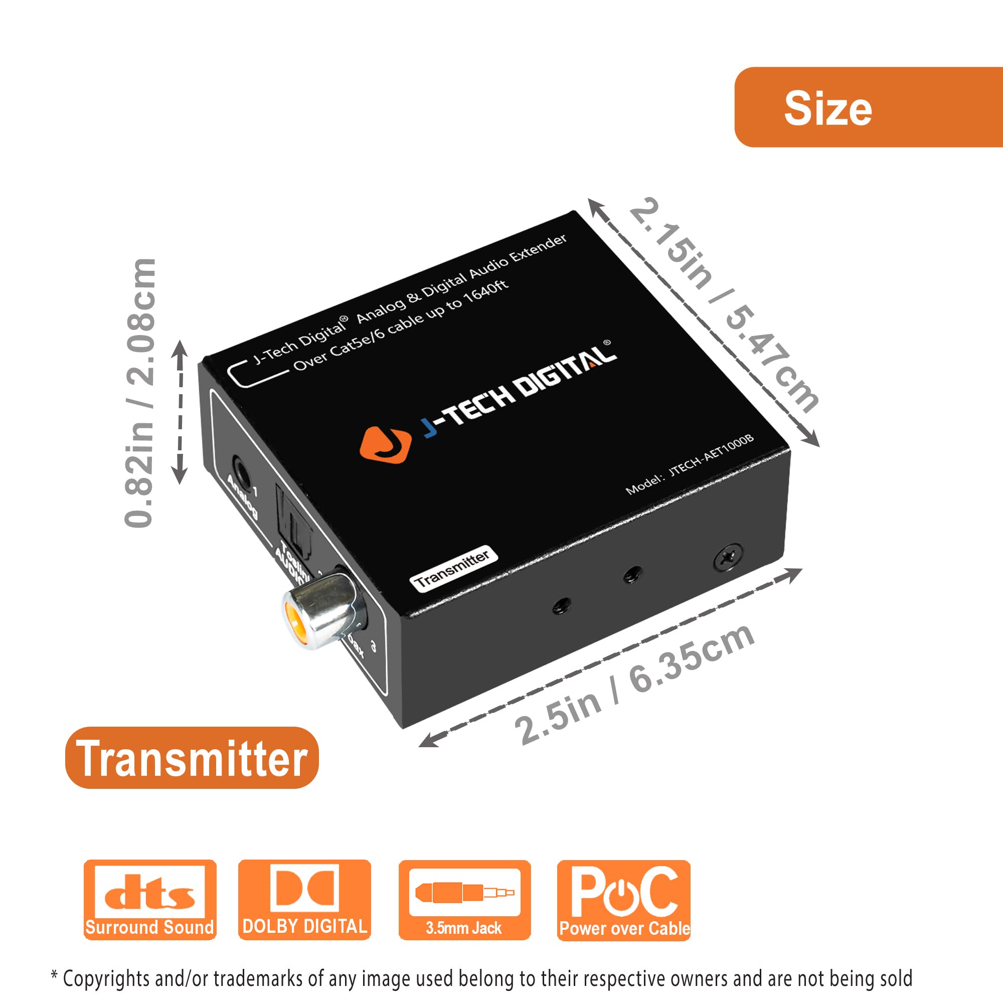J-Tech Digital Analog & Digital Audio Extender Converter Over Single Cat5e/6 (PoC) up to 1640 FT | 3.5mm + Optical SPDIF + Coaxial [JTECH-AET1000B]