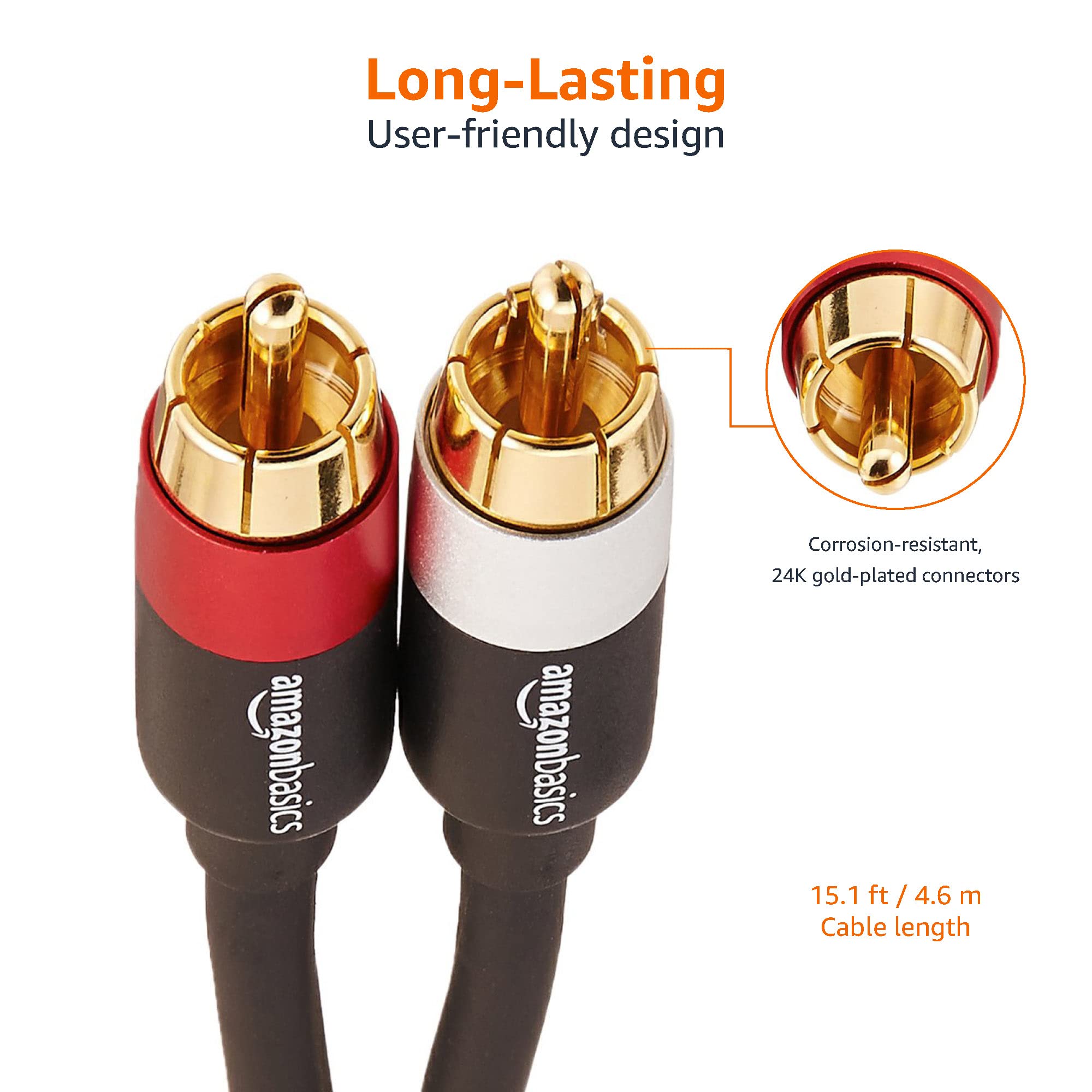 Amazon Basics 2 RCA Audio Cable for Amplifier,Active Speakers or Subwoofer with Gold-Plated Plugs, 15 Feet, Black