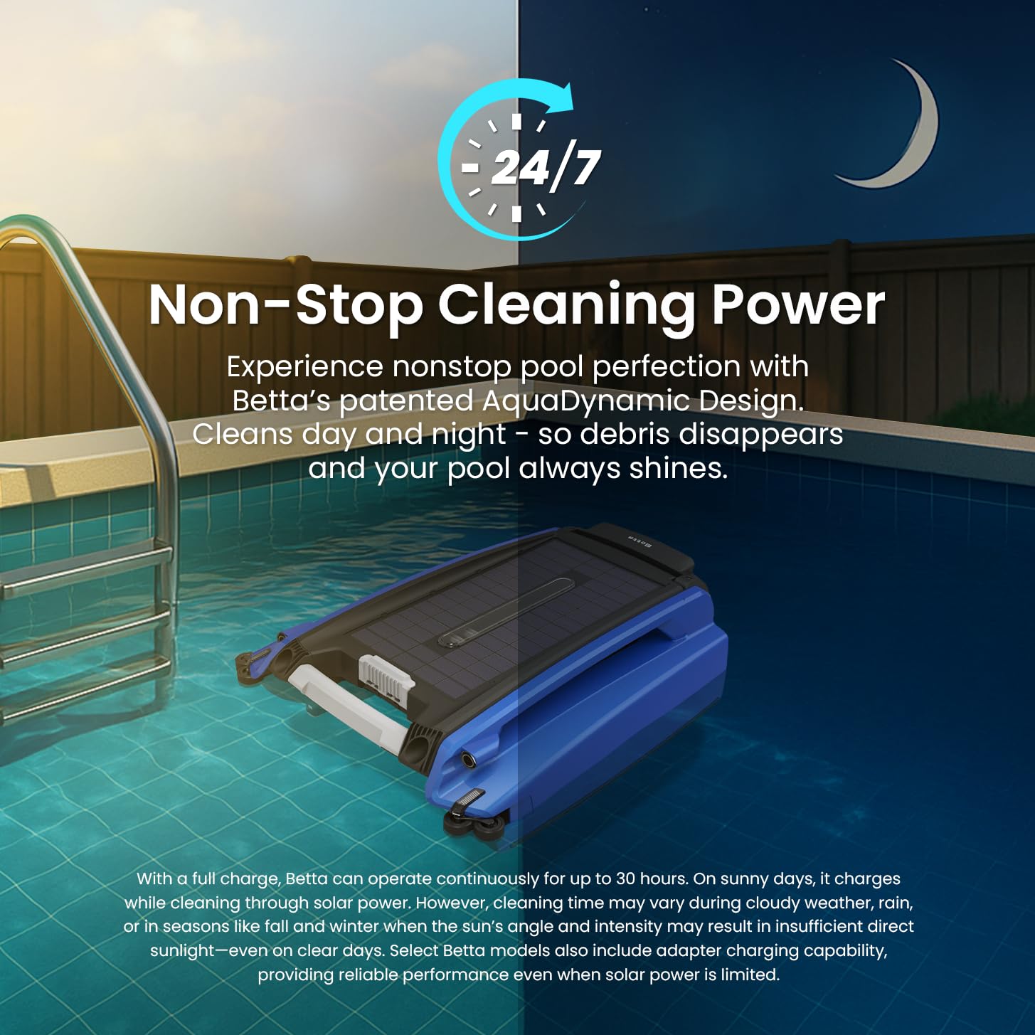 SE Solar Powered Automatic Robotic Pool Surface Skimmer Cleaner with 24/7 Continuous Cleaning Battery Power and Re-Engineered Twin Salt Chlorine Tolerant Motors (Blue)