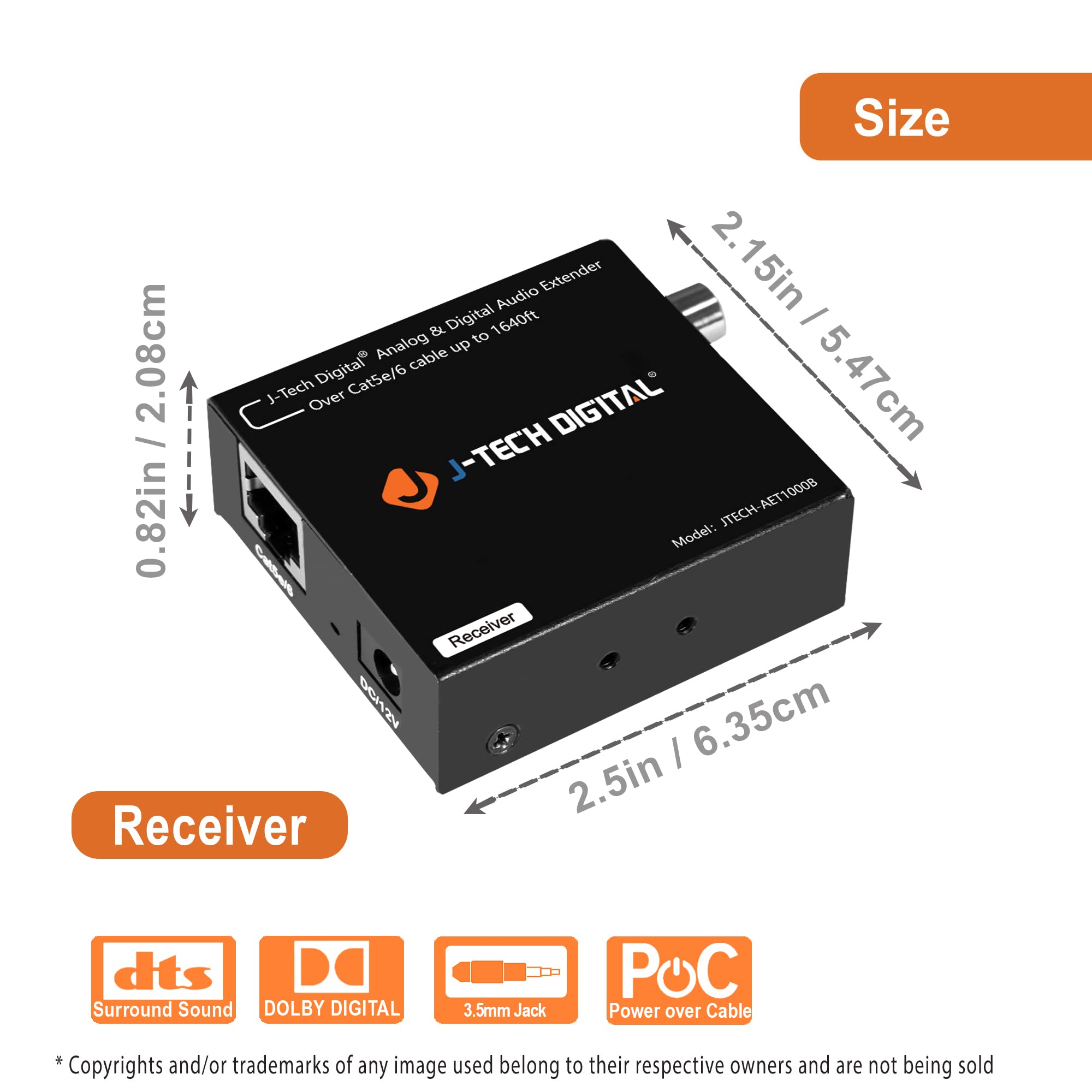 J-Tech Digital Analog & Digital Audio Extender Converter Over Single Cat5e/6 (PoC) up to 1640 FT | 3.5mm + Optical SPDIF + Coaxial [JTECH-AET1000B]